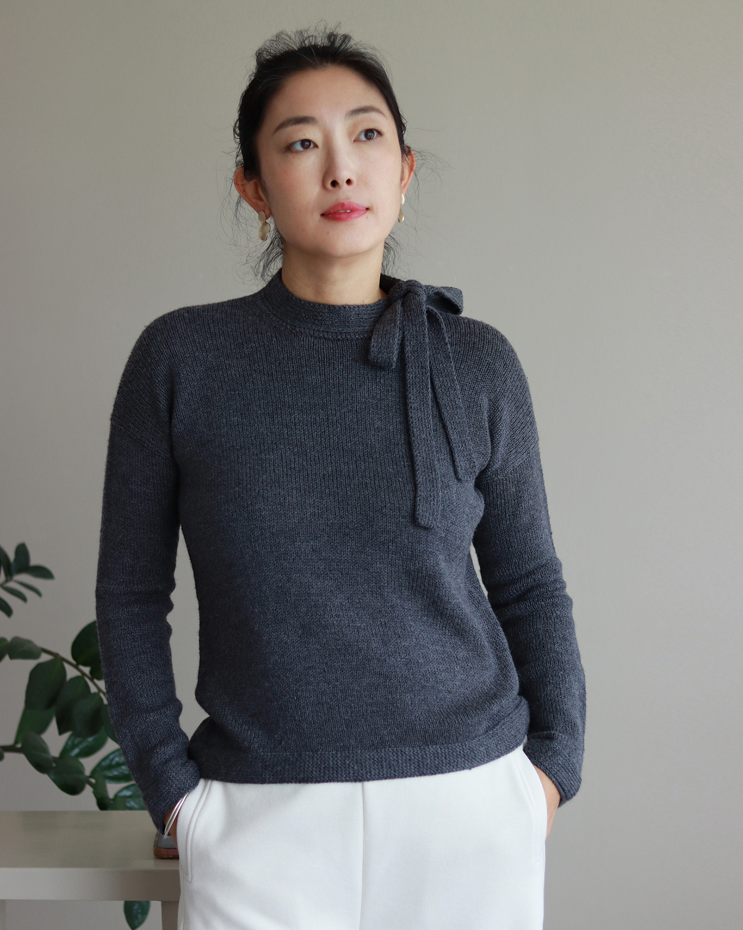 Pull Shuying femme tricoté en jersey endroit avec col à nouer